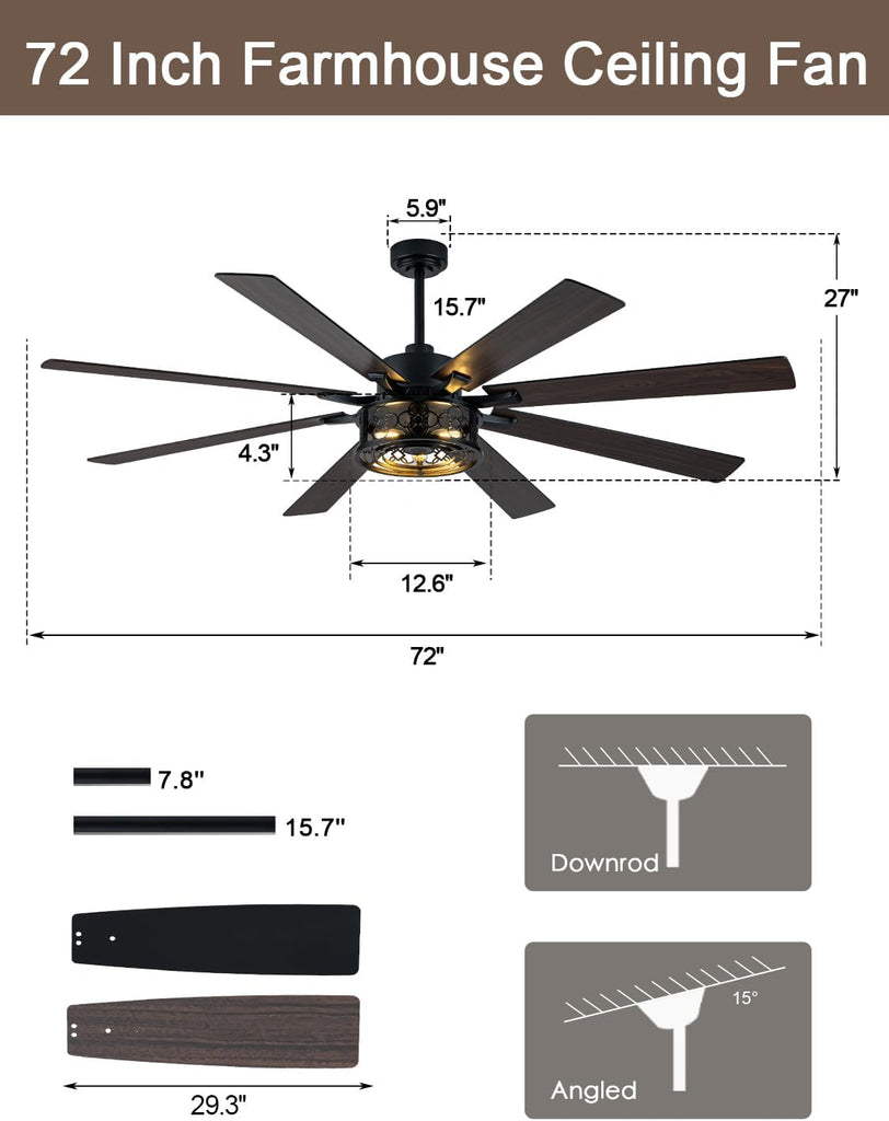 72 Inch Farmhouse Ceiling Fan with Lights and Remote Large Rustic Ceiling Fan Black Caged Fandelier Industrial
