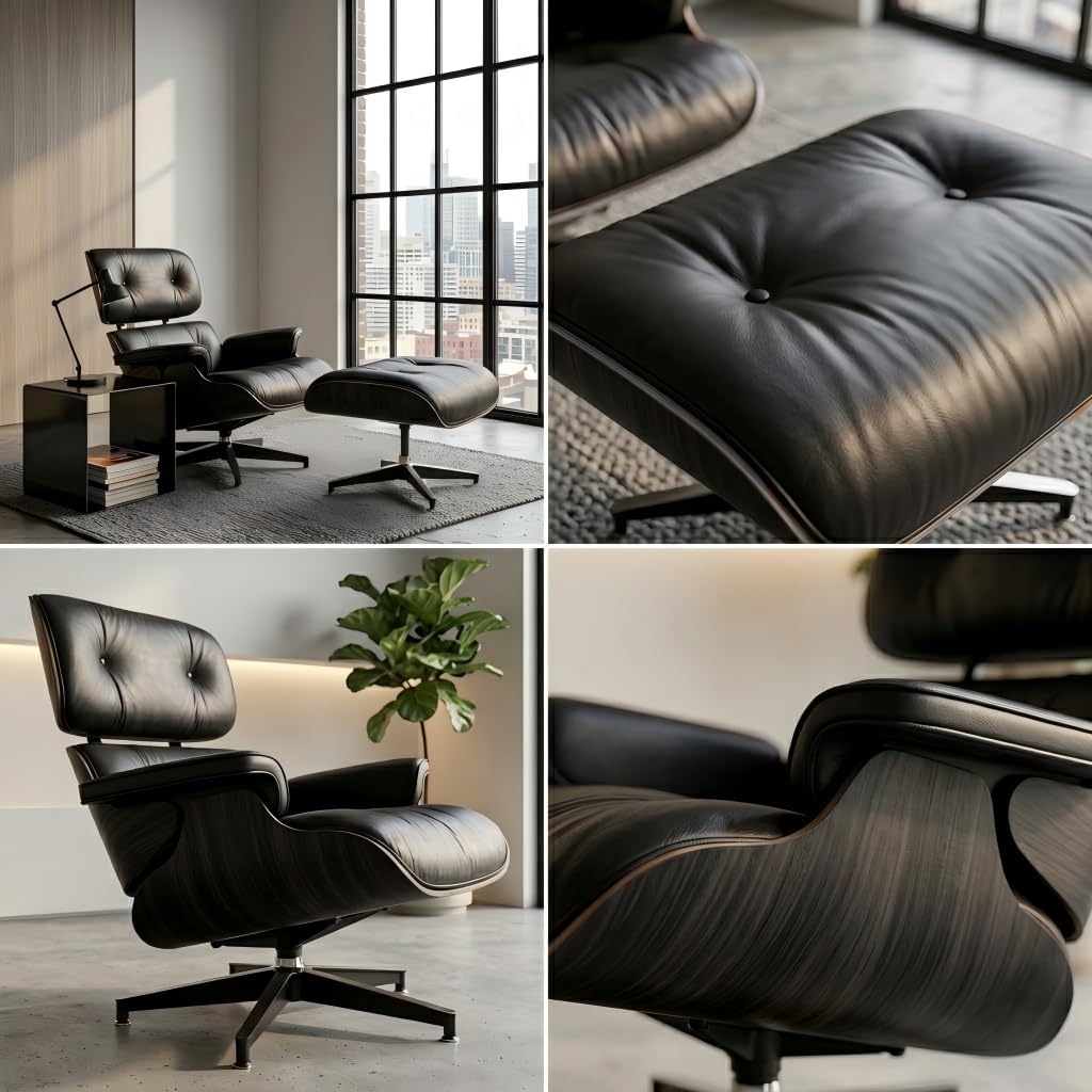 Mid-Century Modern Lounge Chair & Ottoman — Black Bonded Grain Leather, Walnut Base, Premium Tall Back