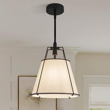 Modern Pendant Light Fixtures with 12" White Linen Fabric Shade, Adjustable Hanging Light Fixture,Drum Black Vintage