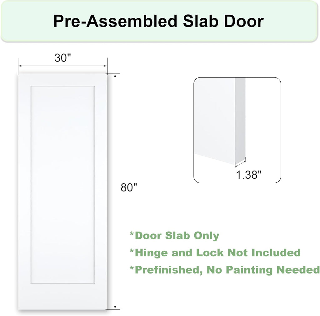 30"x80" 1-Panel Prefinished Laminate White Hollow Core Door Slab, Pre-Assembled Waterproof Shaker Style Interior Door, NOT Pre-drilled and NOT Included Hardware