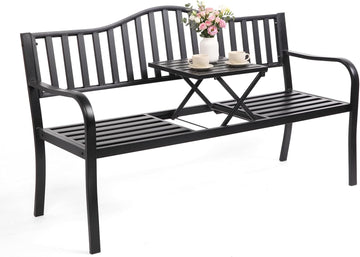 59" Outdoor Metal Bench Patio Bench with Built in Table Park Bench Garden Bench, Outside Benches Weather Proof Front