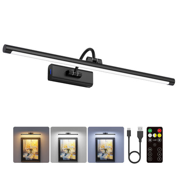 24" Picture Light with 8000mAh Battery - Black Operated Wireless Wall Sconce with Remote & Timer for Large Paintings