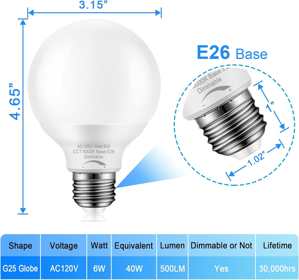 10 Pack Dimmable G25 Globe Light Bulbs LED, 6W=40W Replacement, Daylight White 5000K, E26 Medium Base, Ideal for Bathroom Vanity, Makeup Mirror or Sputnik Light, 120V, Round Light Bulbs