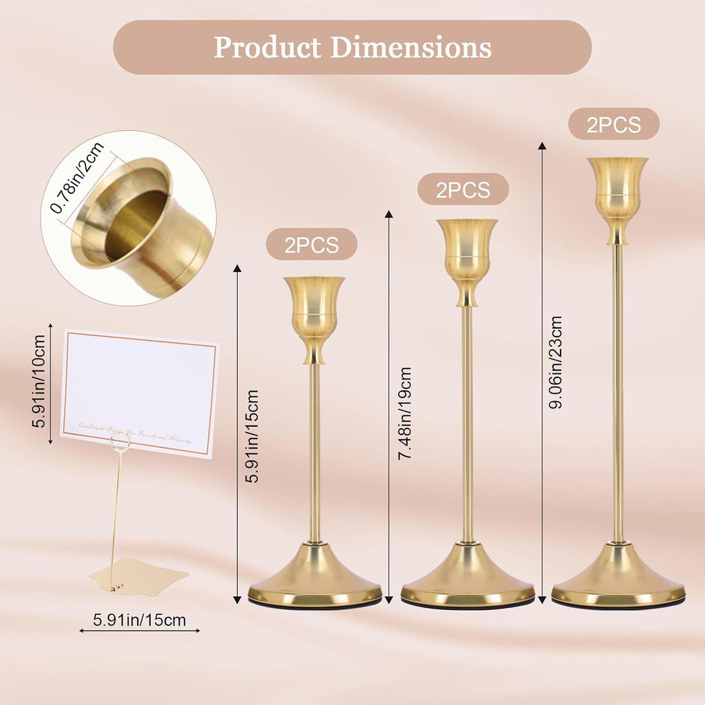 Candle Holders Set - 6 Metal Tall Candlestick Holders & 2 Label Holders & 5 Greeting Cards for Banquet Centerpieces