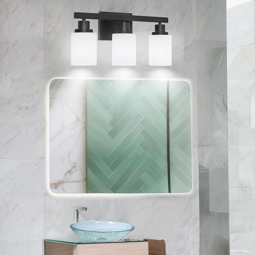 3-Light Bathroom Light Fixtures Over Mirror, Modern Matte Black Vanity Lights with White Frosted Glass Shade