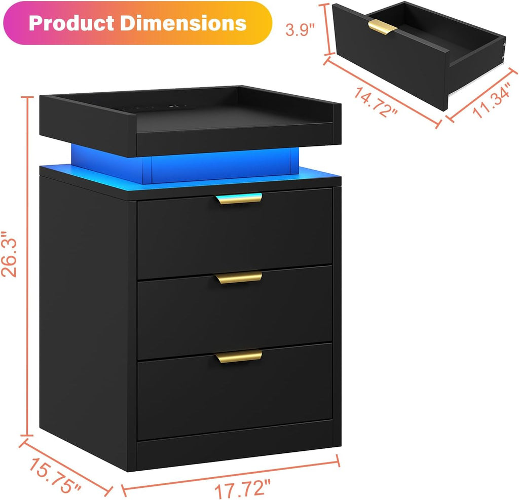 LED Nightstand with Charging Station & USB Ports, 3-Drawer Bedside Table with Adjustable RGB LED Lights, High-Gloss
