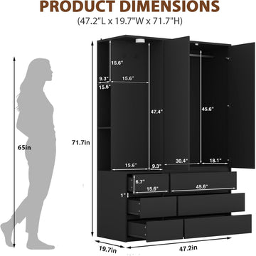Black Wardrobe Closet with Mirror and LED Light, Armoire Wardrobe with 6 Drawers, Hanging Rod, Open Shelves