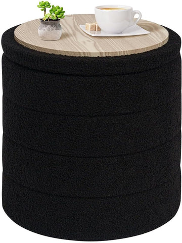 Round Storage Ottoman Foot Rest Stool with Tray Velvet Sherpa Folding Storage Ottoman,Boucle Foot Rest,Black Color