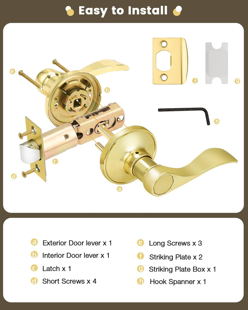 2Pack Wave-Style Closet and Hall Door Locksets Passage Levers in Polished Brass,Reversible Handles for Left Right - Door Lever