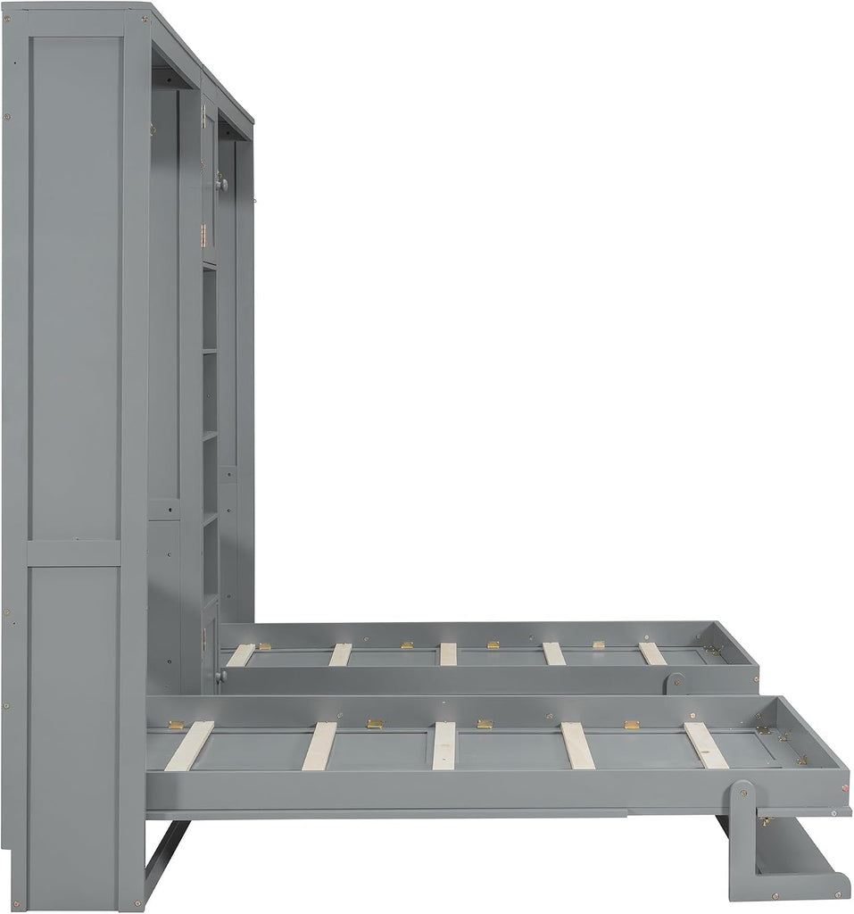 Dual Twin Murphy Beds with Storage Shelves and Cabinets, Pine Wood Space-Saving Hideaway Double Murphy Wall Beds with Storage,Support Legs and Slats