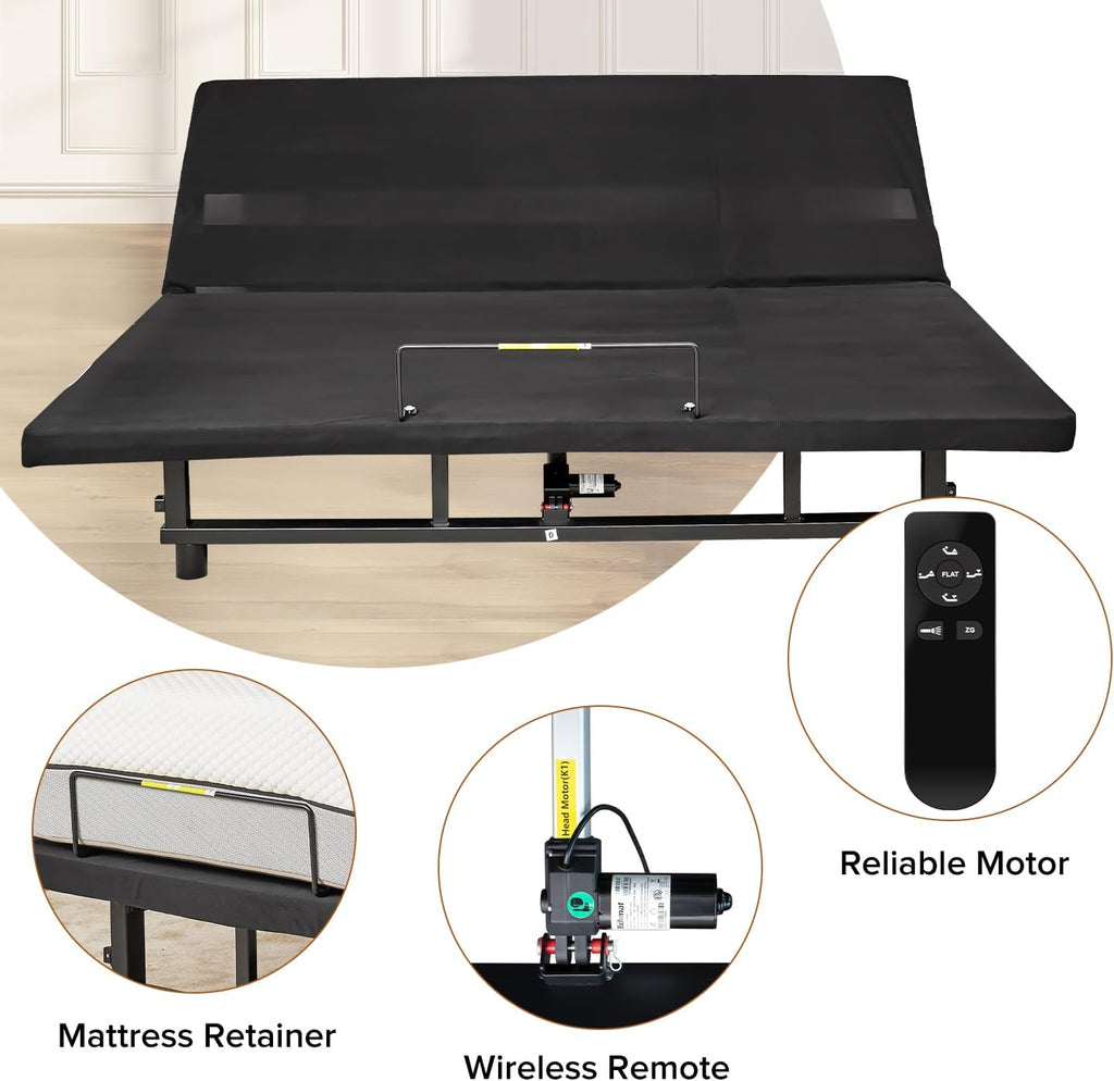 Ergonomic King Size Adjustable Bed Base, Wireless Remote Control, Whisper Quiet Durable Motor, Independent Head