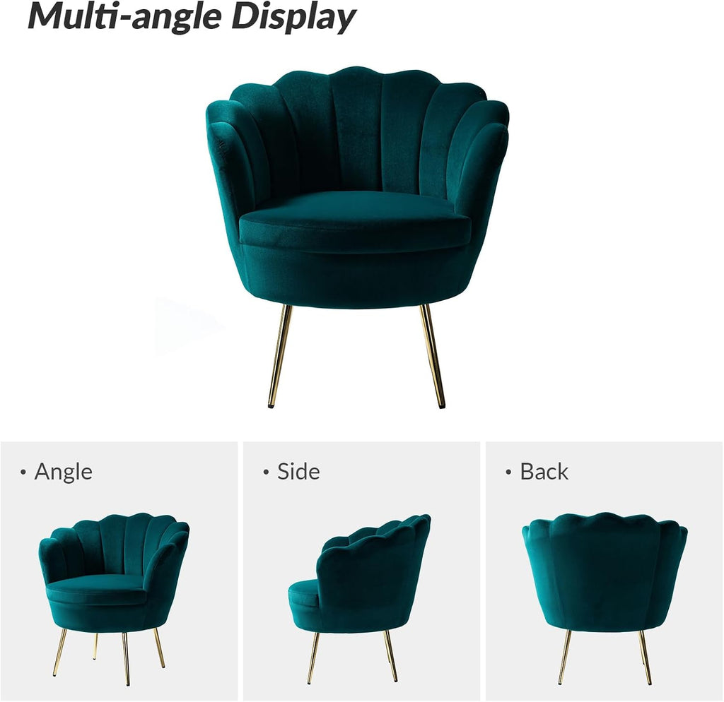 Modern Velvet Accent Chairs Set of 2 with Channel Tufted Seashell Back, Cute Living Room Bedroom Armchairs with Gold