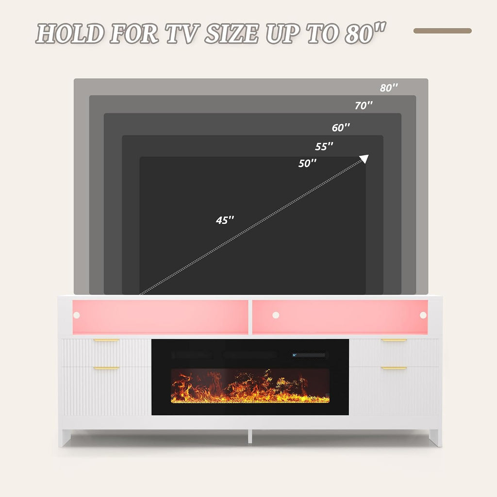 Fireplace TV Stand with 36" Fireplace Up to 80" TVs, 70" Entertainment Center with LED Lights, Storage Cabinets