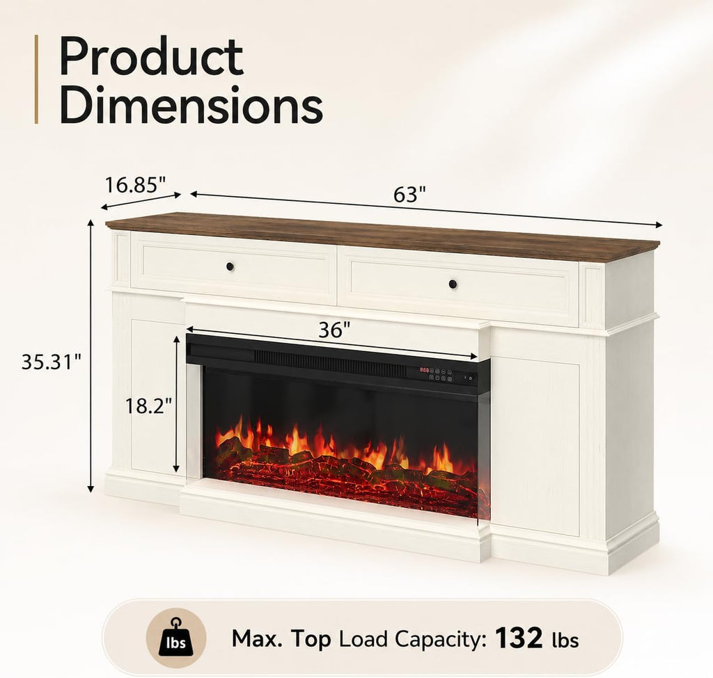 63 inch Fireplace TV Stand for TVs up to 70" with 3-Sided Electric Fireplace with Mantel, Modern Media Entertainment