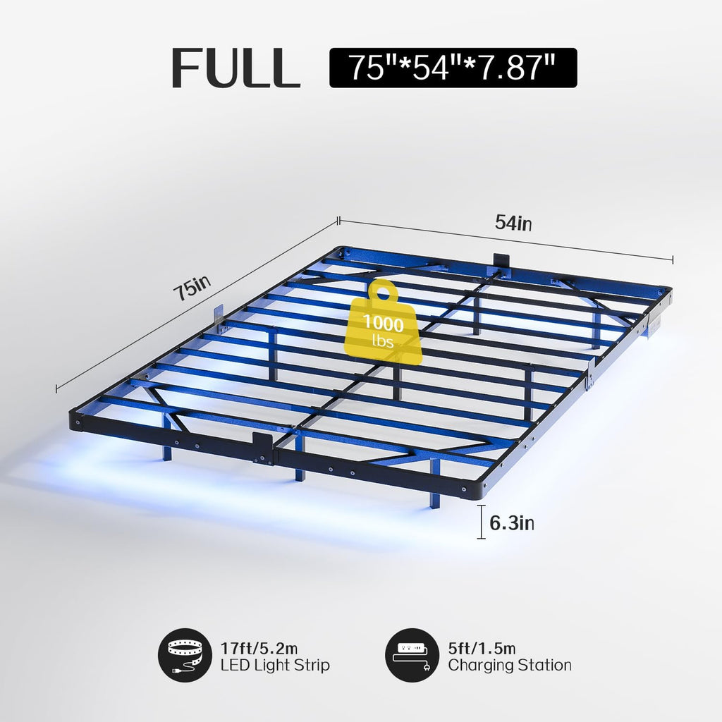 Full Modern Floating Bed Frame with Smart LED Lights, USB Charging Station, Sturdy Metal Platform