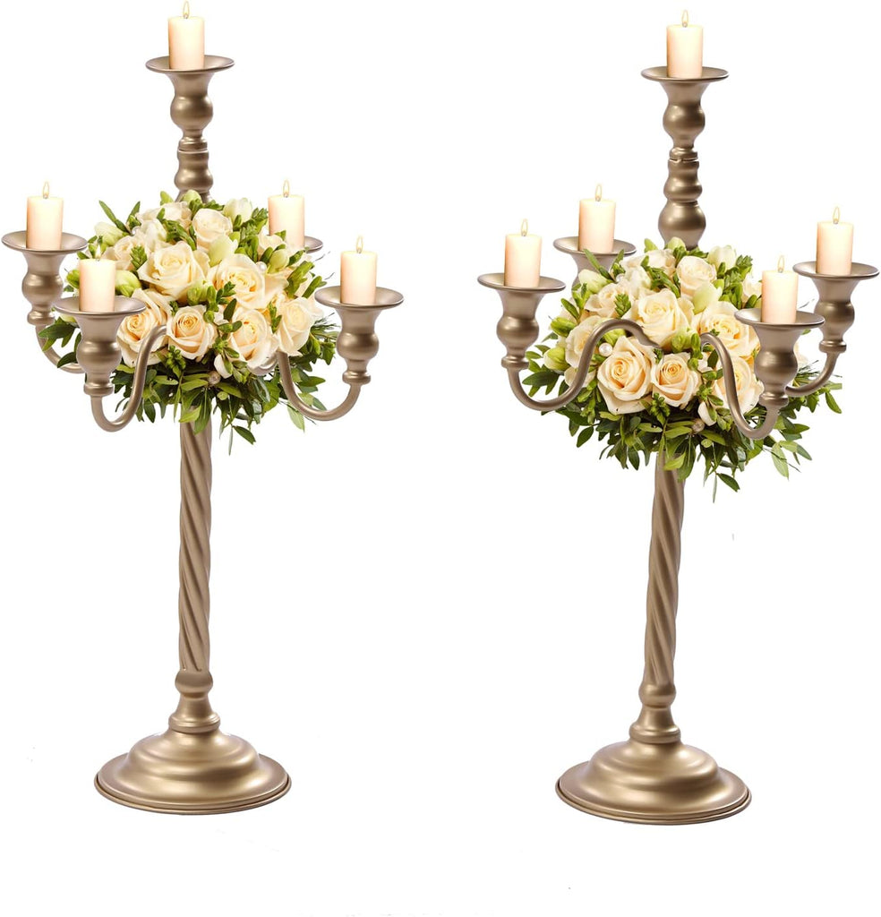 2Pcs Gold Candelabra, 21in Tall Taper Candlestick 5 Arms, Wedding Candelabra, Table Centerpiecent Reception
