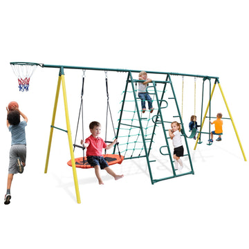 Metal Swing Sets for Backyard for Kids 3-12, 6 in 1 Swing Sets, Heavy-Duty Playground Backyard Set with 2 Swings