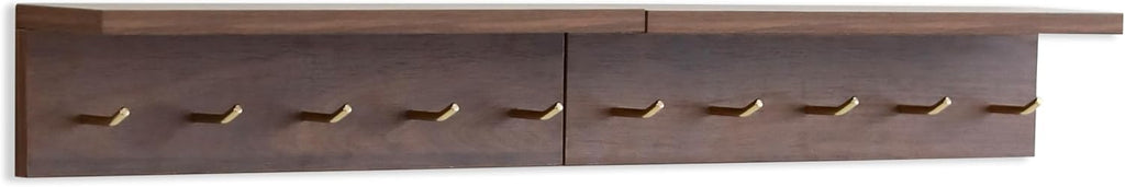 Wall Mount Walnut Coat Rack, 5 Brass Hooks, Floating Shelf | Adjustable rail with movable wood hooks