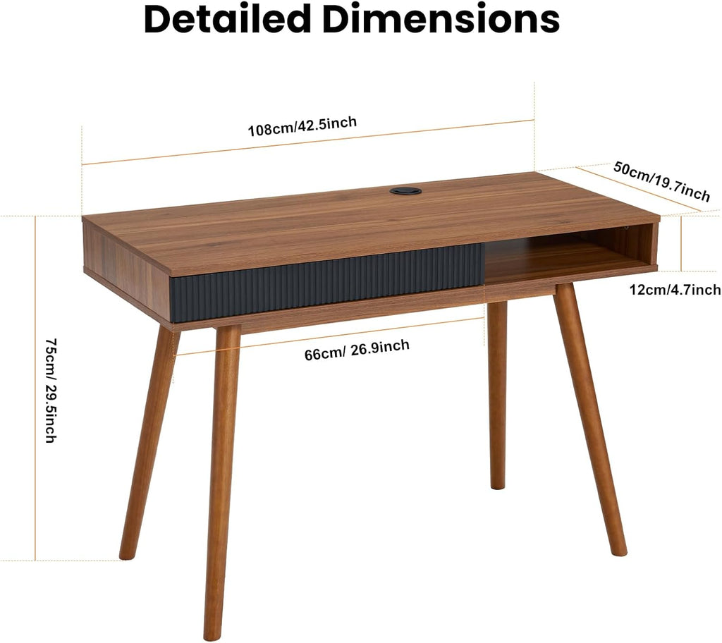 Mid Century Modern Office Desk with Drawer & Open Cubby, 42.5" Walnut Writing Desk with Cable Grommet, Solid Wood Legs