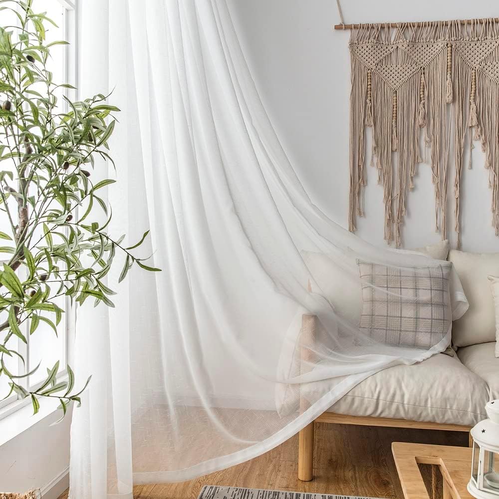 Off White Sheer Curtains 2 Panels, Thin Textured Linen Look Ceiling Curtains & Drapes, Rustic See