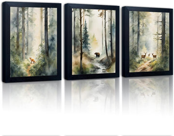 Framed Landscape Mountain Painting Autumn Forest Wall Art 3 Piece Nature Canvas Print Vintage Fall Picture Artwork