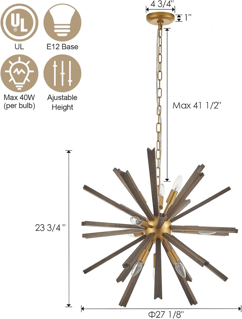 9-Light Wood Sputnik Chandelier for Entryway, Gold Dining Room Light Fixture, Farmhouse Pendant Light Fixture for Bedroom Kitchen Foyer Living Room