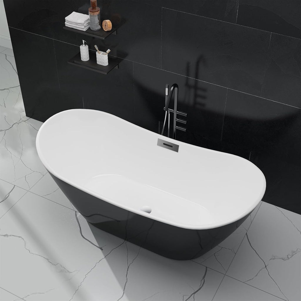 59" Deep Soaking Bathtub, Non-Slip Acrylic Tub with Chrome Drain, CUPC Certified, Ergonomic Modern Bath for Bathrooms
