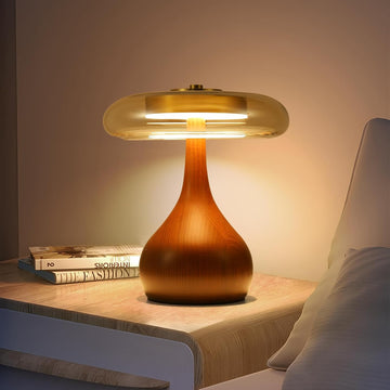 Small Table Lamp-Wooden Base Teardrop Mushroom Table Lamps,Amber Glass Shade