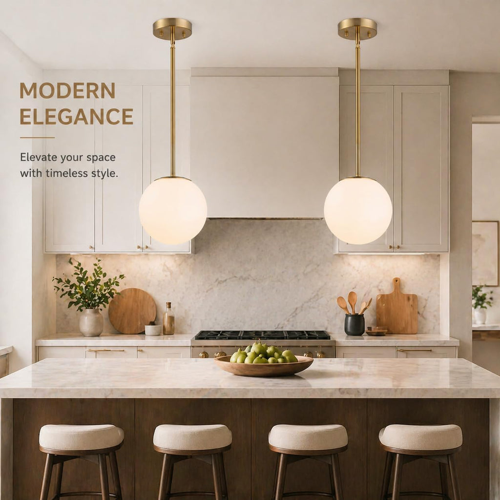 Mid Century Modern Pendant Light - 1-Light Gold Globe with White Glass Shade, Brushed Brass Finish, Adjustable Height