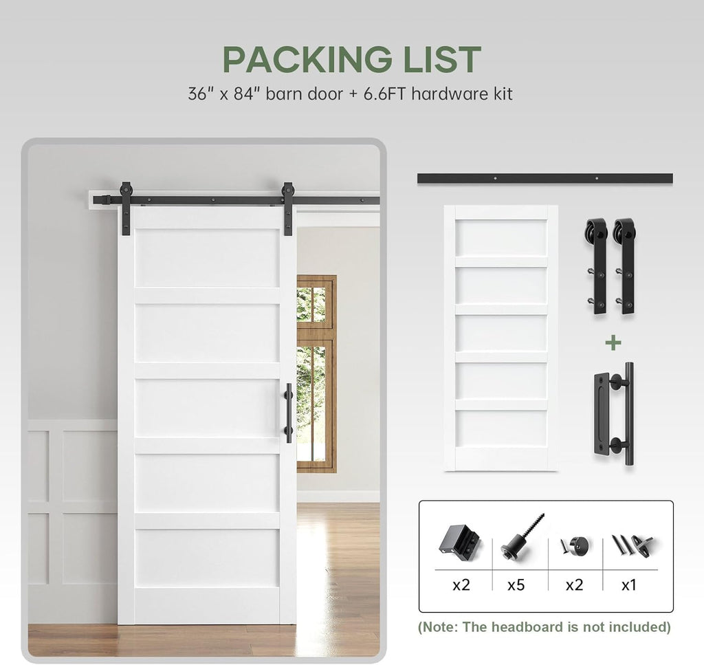 36x84 Inch White Sliding Barn Door Slab with 6.6ft Hardware Kit Included, 5-Panel, MDF Wood Panel Co