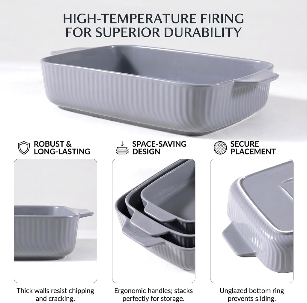 Ceramic Casserole Dishes for Oven Set of 3 Pcs Rectangular Bakeware Set with Handle for Steak Beef Pan Roast Chicken