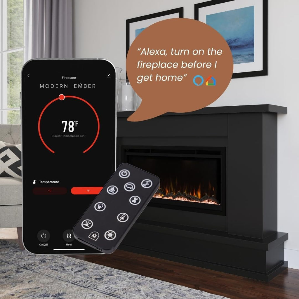 Black Mantel Package 64" W 42" H with 42 Inch Electric Fireplace - 5 Flame Colors, 10 Ember Bed Colors, Log