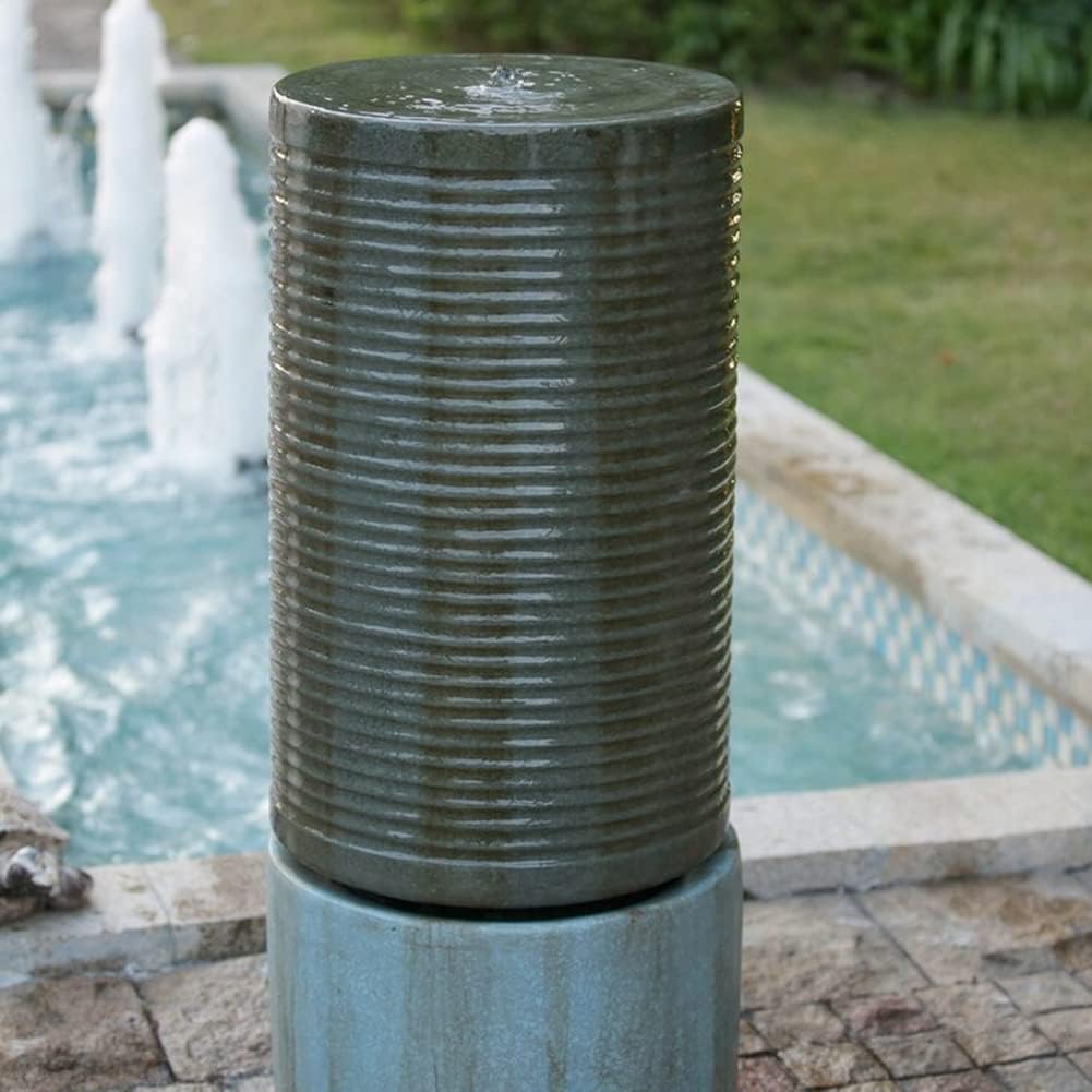 44" Tall Large Round Green Ribbed Tower Water Fountain, Verge Blue Gray Finish