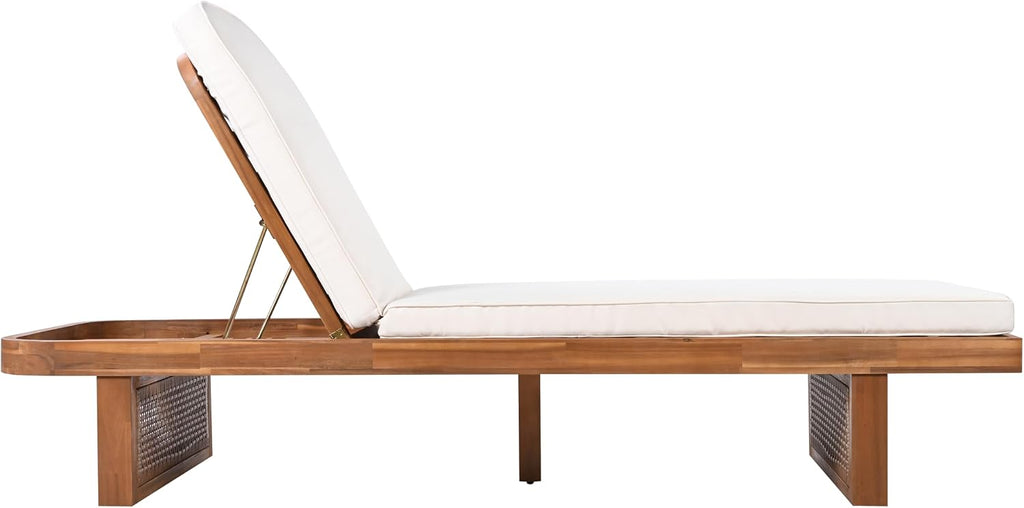 Acacia Wood Patio Chaise Lounge with Cushion, Outdoor Patio Sun Lounger Recliner Chair, Adjustable Backrest