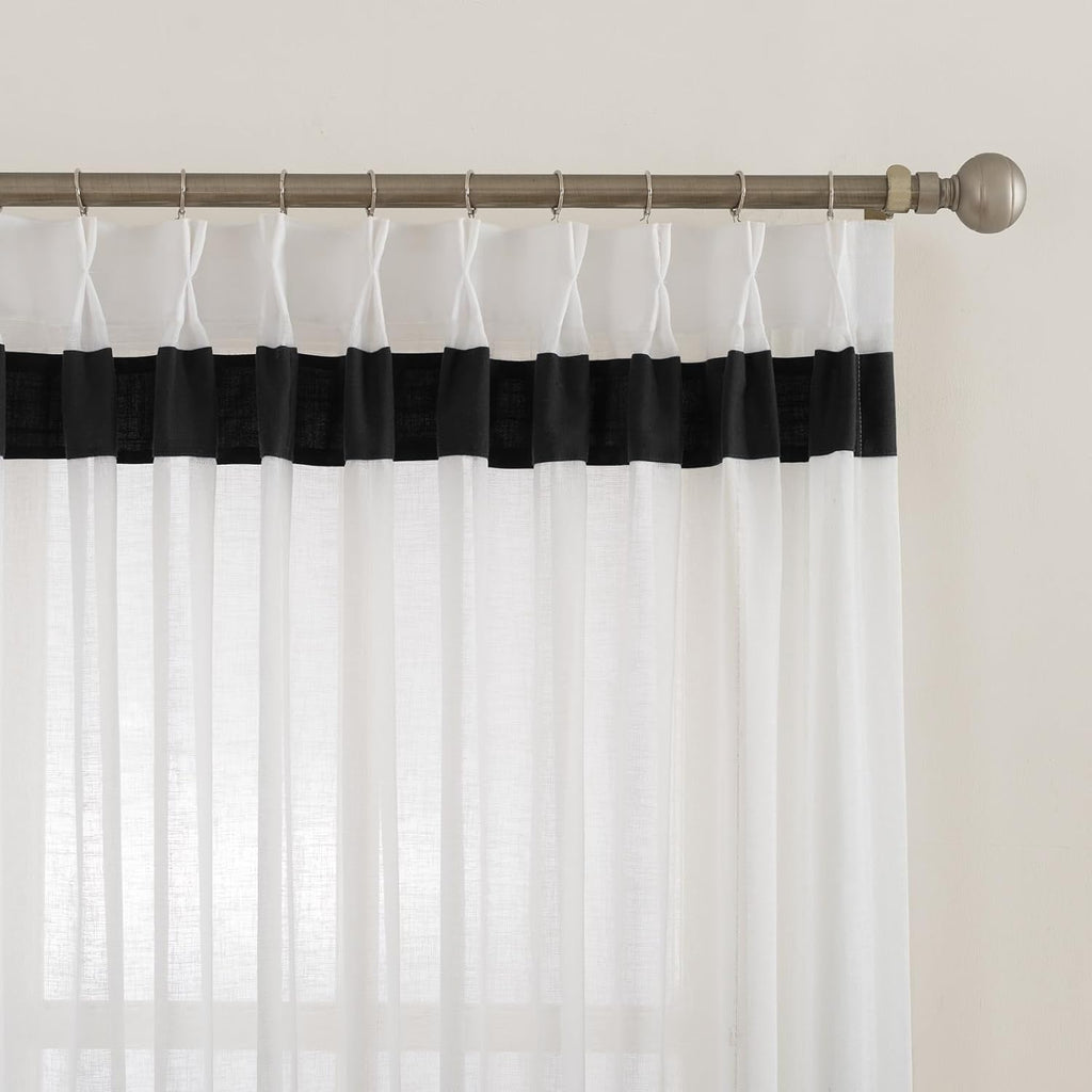 Window Sheer Curtains, White with Black Border Semi Pinch Pleated Sheer Curtains Panels Drapery