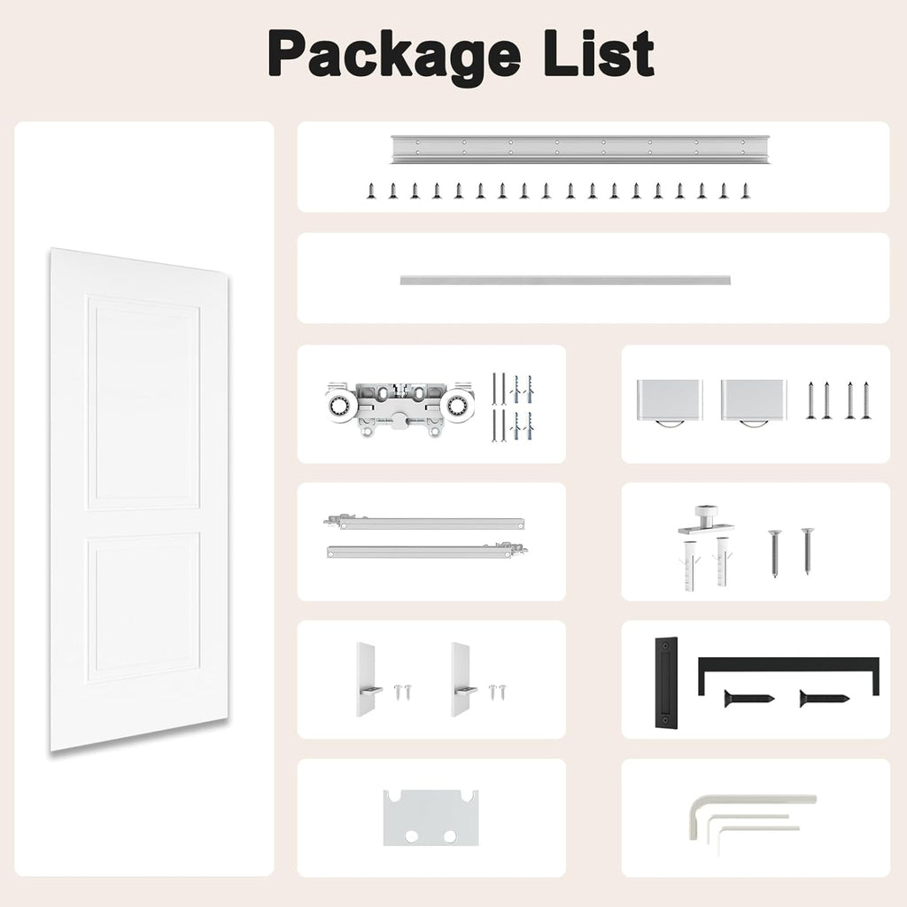 36"x84" Concealed Sliding Barn Door with Soft Close Hardware Kits, White Primed Solid Core Hidden Do