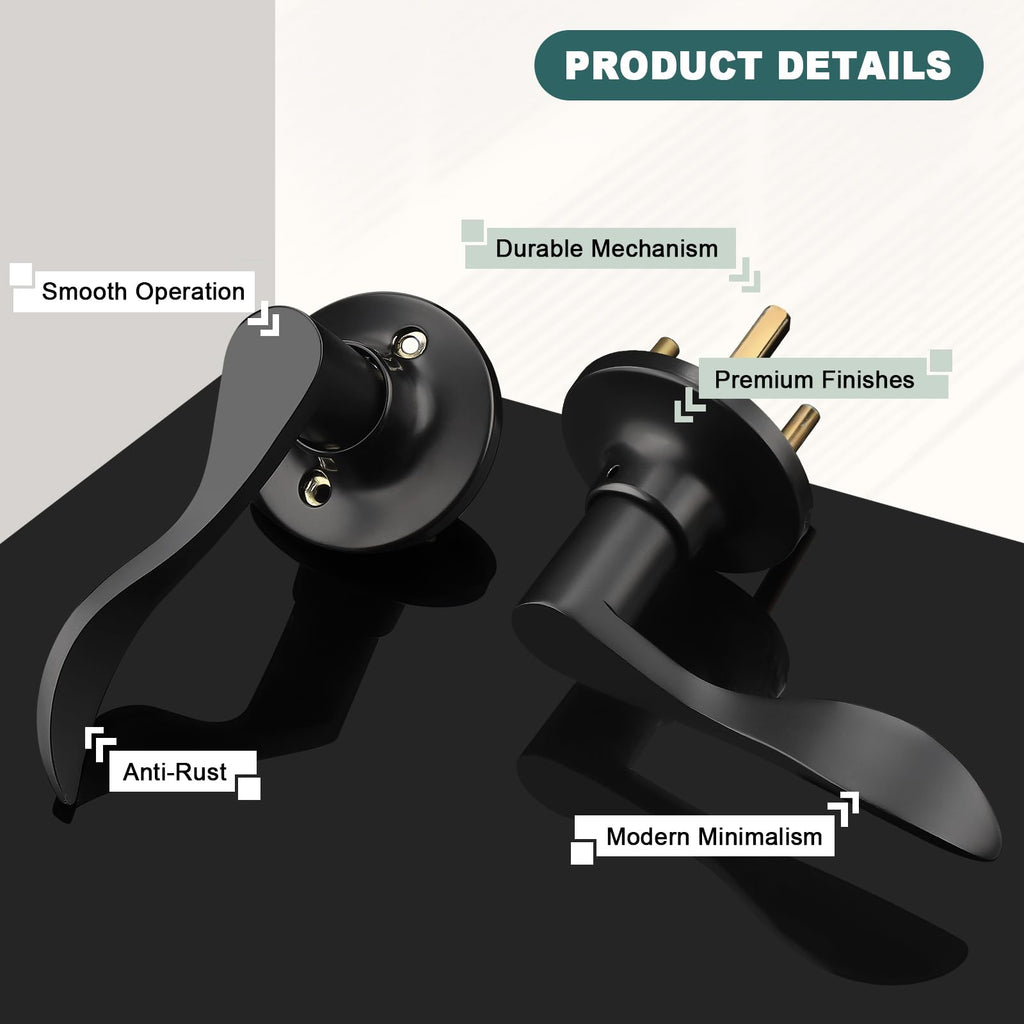 6 Pack Passage Lever Door Handle Matte Black, Stainless Steel Closet Door Handles Keyless Reversible Door Levers