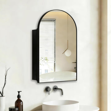 Black Arched Medicine Cabinets with 20"x30" Mirror, Bathroom Mirror Cabinet with Storage, Brushed Black Arch Medicine