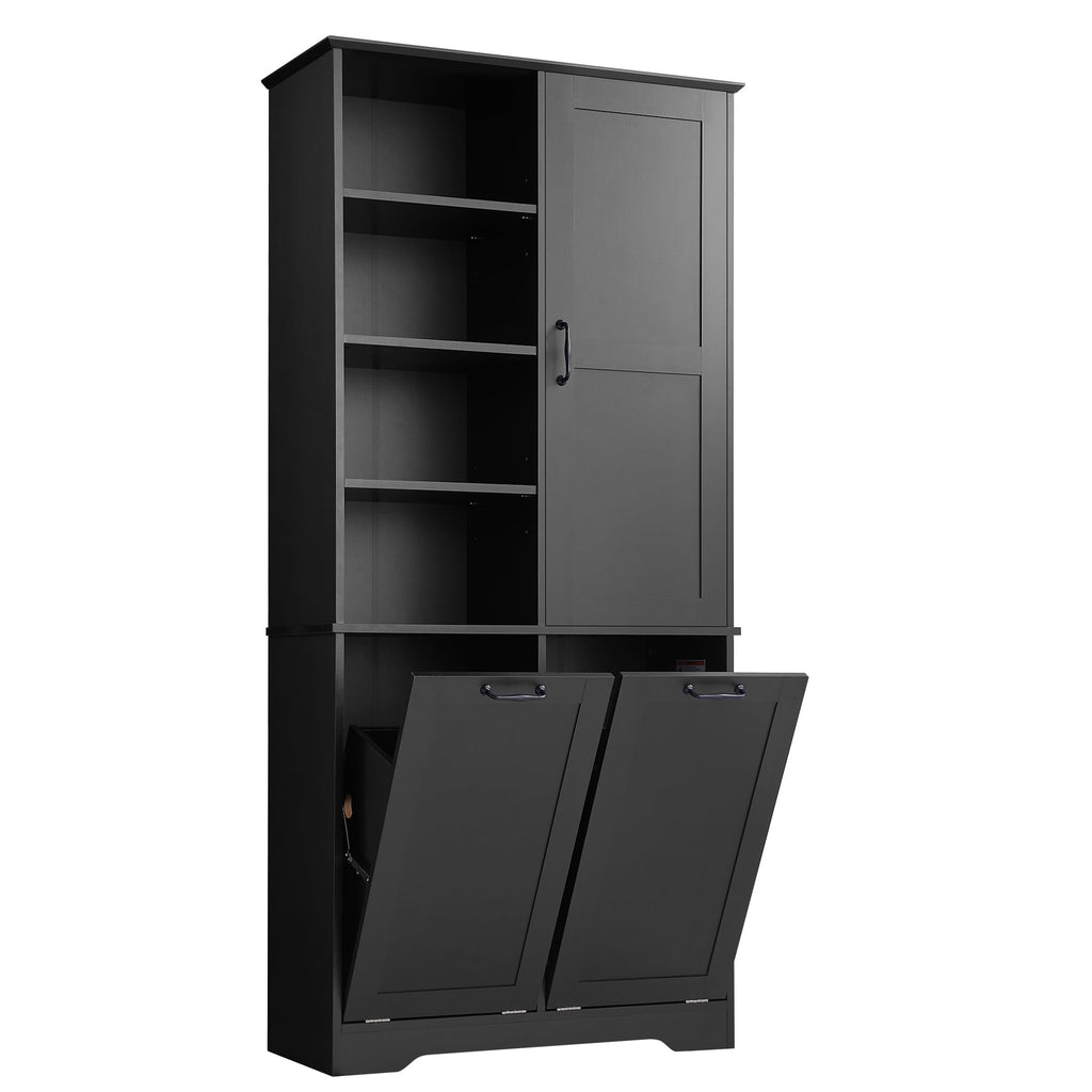 Tall Storage Cabinet with Door and Open Shelf, Multi-Functional Laundry Hamper Basket Bathroom, Laundry Room, Black