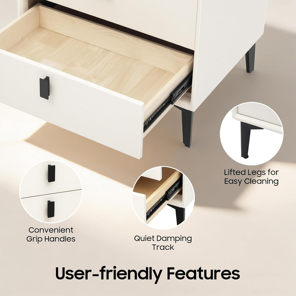 Smart Nightstand with Bluetooth Speaker USB Charging, 3 Drawer | Bedroom Daily Storage Scene, 4.72in Raised Legs