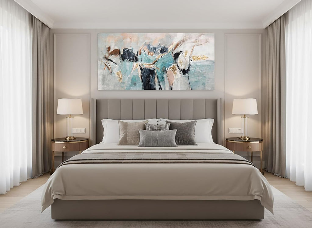 Large Framed Wall Art Abstract Canvas Print Teal Black Gold Artwork Modern Brushstroke Wall Decor Soft Neutral Shapes
