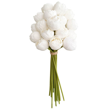 16PCS White Ranunculus Artificial Flowers, Small Fake White Foral