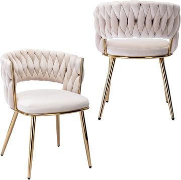 Modern Velvet Dining Chairs Set of 2, Upholstered Living Room Chair with Woven Back and Golden Metal Legs