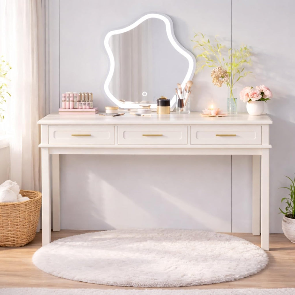 Modern Vanity Desk Makeup Dressing Table w/3 Drawers &Spacious Tabletop for Girls, Solid Wood Writing Desk