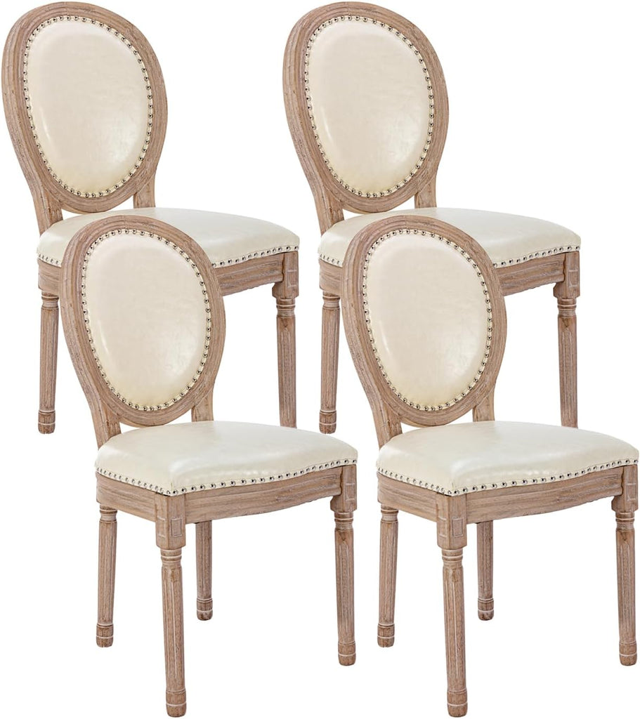 French Country Dining Chairs Set of 4, Upholstered Leather Dining Chairs with Curved Backrest, Vintage Accent Chairs for Living Room or Restaurant, Beige