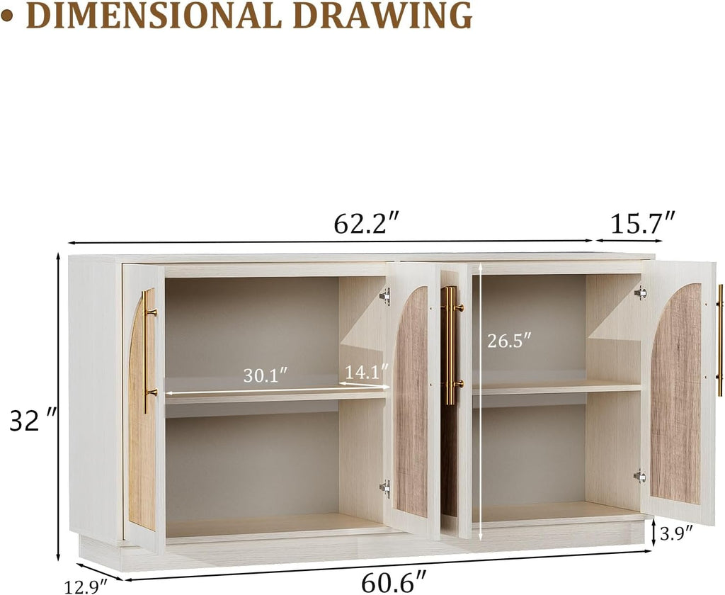 62'' Mid Century Modern Buffet Cabinet with Arch Doors, White and Natural | Adjustable Shelves, Gold Metal Handle