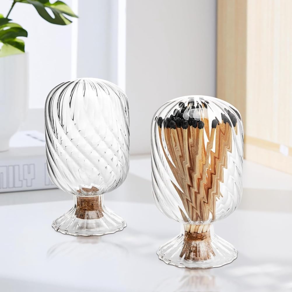 2 Set Helix Shaped Match Holder, Glass Matches Cloche for 4 Inch, Upside Down Match Holder Jar, Not Include Matches