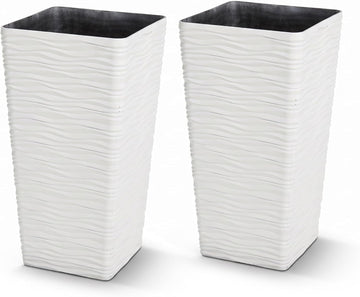 22" Tall Planters Set of 2 - White Square Plant Pots with Drainage Hole - Modern Large Tapered Matte Wavy Tree Flower