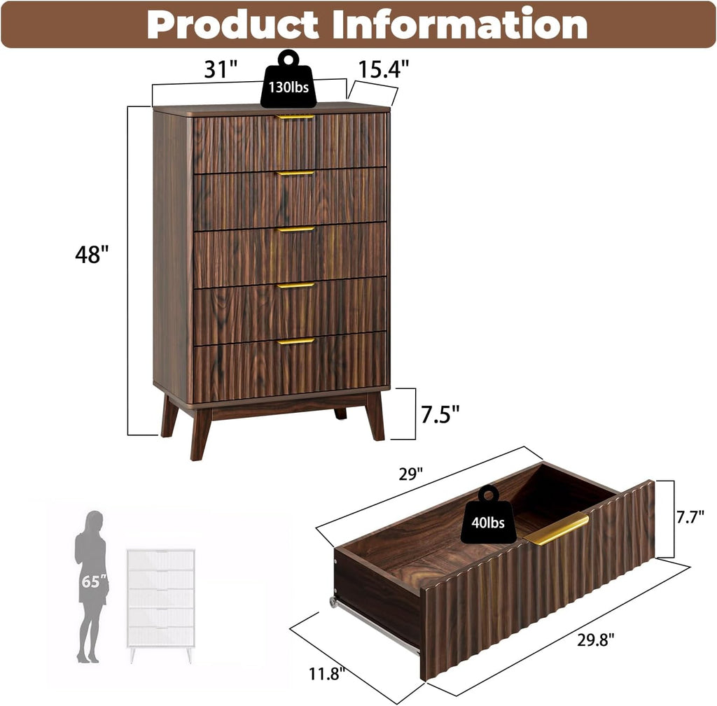 5-Drawer Dresser Fluted Drawers, Mid-Century, Walnut | 31"W x 15.4"D x 48"H, 130 lbs top / 40 lbs per drawer (7.7"H)