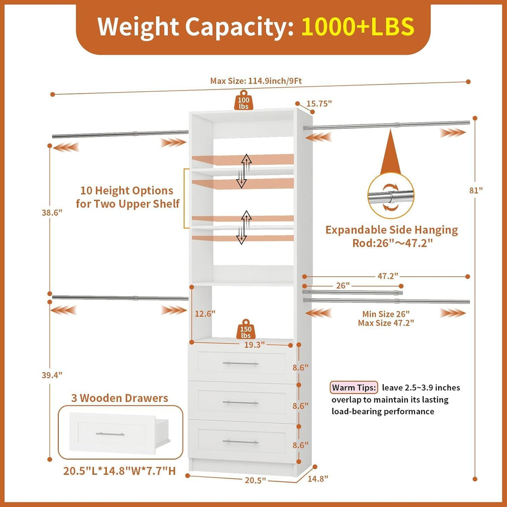 Closet System with Drawers, 5-9FT Closet Organizer System with 4 Expandable Rods & Adjustable Shelves for Walk in